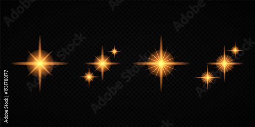 Glowing Golden Star Light Effect with Sparkle Rays and Lens Flare Illumination on Transparent Background