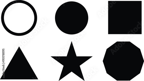 Basic geometric shapes in black circle square star triangle octagon