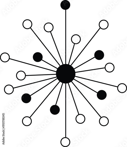 Centralized network diagram with black dots and lines representing data distribution hub