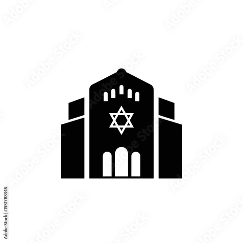 Architectural silhouette icon of a Jewish synagogue, featuring the prominent Star of David, a symbol of faith, community, and enduring heritage