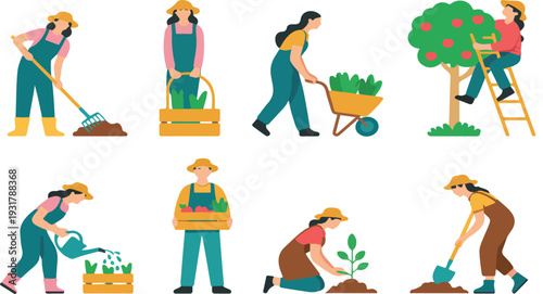 Gardening and Farming Activities Vector Set Featuring People Planting, Watering, Harvesting and Caring for Crops