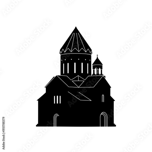 Black vector silhouette of a historic medieval church or monastery, showcasing traditional architectural design with a distinct dome and spires