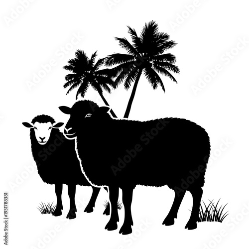 Monochromatic Silhouette Illustration of Two Sheep, a Large Ewe and a Smaller One, Standing Against a Backdrop of Tropical Palm Trees and Subtle Ground Foliage