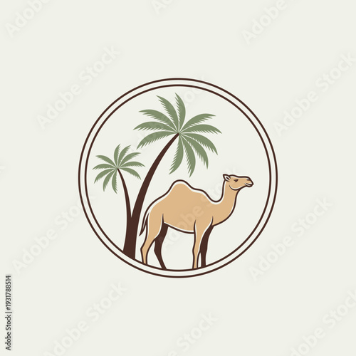 Camel and Palm Trees Circular Emblem - A Desert Oasis Illustration