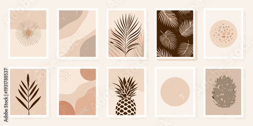 A collection of nine minimalist botanical art prints in neutral tones