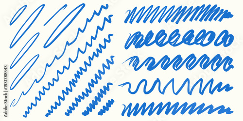 Collection of abstract blue brushstroke lines and wave patterns