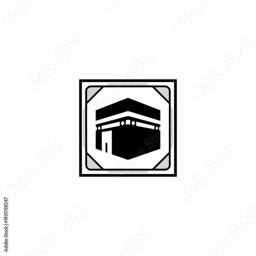 Graphic black and white icon of the Kaaba in Mecca, Saudi Arabia, a universal symbol of Islamic faith, prayer, and the spiritual journey of the Hajj pilgrimage for Muslims worldwide