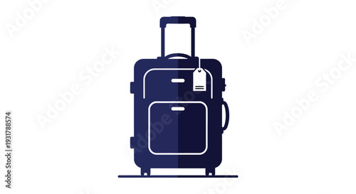 A dark blue stylized silhouette of a suitcase with a handle and tag suggests travel and vacation planning high quality professional