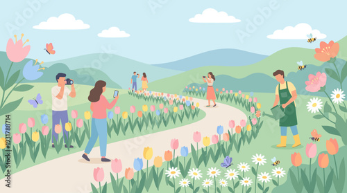 A beautiful spring landscape with people enjoying a flower garden path filled with colorful tulips, butterflies, and bees.