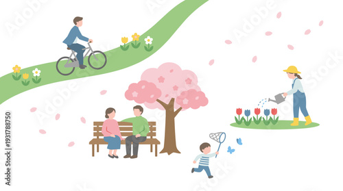 People enjoying various outdoor activities in a vibrant spring park with cherry blossoms, cycling, gardening, and butterfly catching.