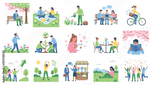 A collection of diverse flat design illustrations depicting people enjoying various outdoor and leisure activities in spring, including picnics, gardening, cycling, reading, and social gatherings.