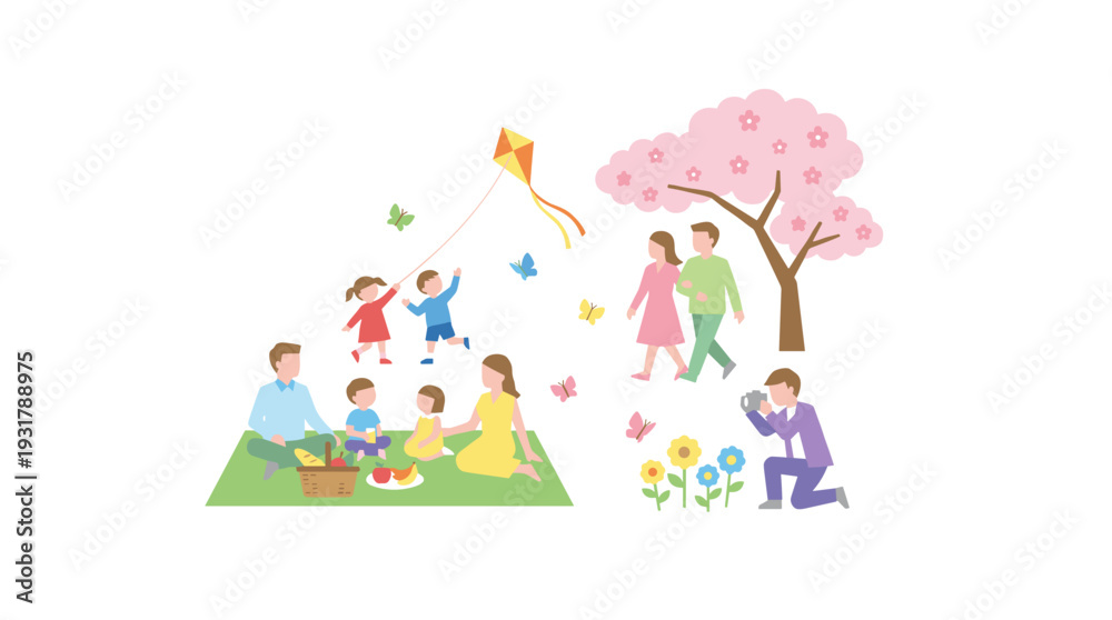 Obraz premium A vibrant illustration of families enjoying various outdoor activities in a park during springtime, including a picnic, kite flying, and photography.