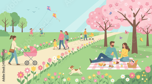 A beautiful spring day in a park with people enjoying various leisure activities like picnicking, walking, and flying kites.