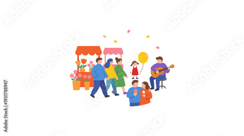 People enjoying a vibrant outdoor market scene with flower stalls, live music, and festive atmosphere.