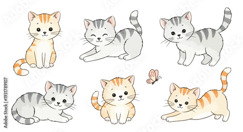 Watercolor painting depicting six adorable cats in various poses alongside a butterfly creating a charming scene silhouette high quality professional detailed