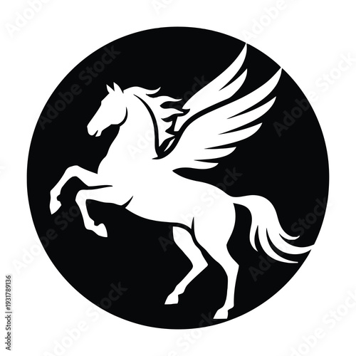 White winged horse rearing on black circular background