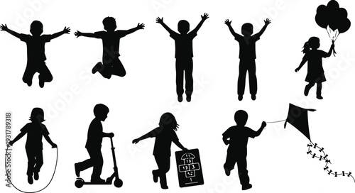 Black Vector Silhouettes Of Children Playing, Jumping, Flying Kites, Jumping Rope, Riding Scooters, And Holding Balloons For Diverse Youth Projects.