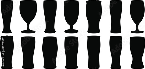 Beer glass silhouette set isolated on white background, pint, goblet and lager cup black vector collectionBeer glass silhouette set isolated on white background, pint, goblet 