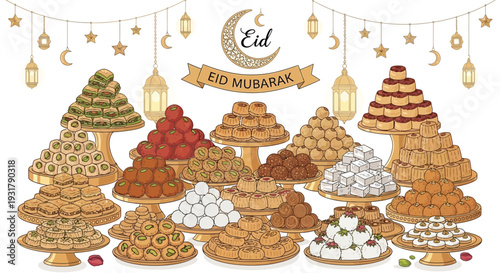 A colorful eid mubarak celebration with sweets cakes and crescent moon decorations