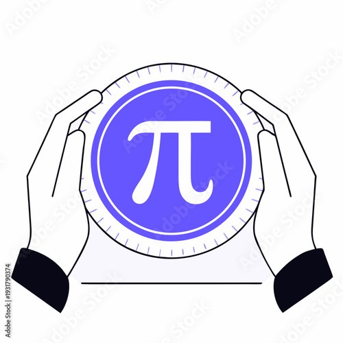 Hands holding circular coin with pi symbol on purple background  