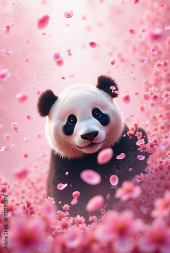 Adorable panda surrounded by pink cherry blossoms in bloom