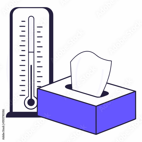 Thermometer and tissue box in minimalistic illustration style  