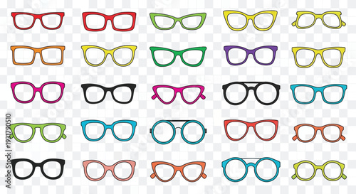 Collection of colorful eyeglasses and frames arranged in a grid pattern