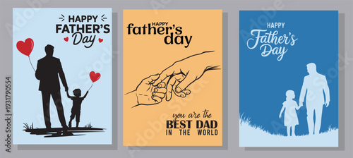 Happy Father's Day Greetings with dad and son., A proud father stands holding hands with his daughter and son in a grassy field celebrating Fathers Day