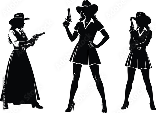 Cowgirl silhouette set with western woman holding revolver, vintage wild west female characters, cowboy hat fashion, vector illustration collection isolated