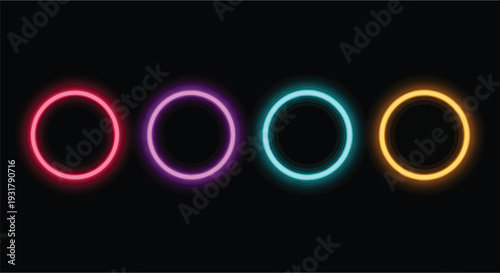 Four brightly colored neon rings displayed against a black background
