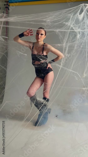 Gothic Fashion Model Posing in Spiderwebs and Smoke