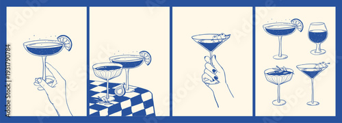 Retro cocktails prints, posters, interior wall art collection with handdrawn glasses and hands. Good for tote bags prints, banners, cards, menu decor, social media visuals, etc. EPS 10