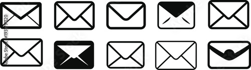 Black envelope mail icons collection with open and closed message symbols minimalist vector set isolated on white background