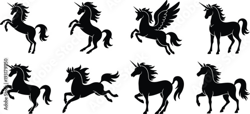 Black unicorn silhouette collection, mythical pegasus and horse poses set, magical creature vector icons, isolated on white background for design.