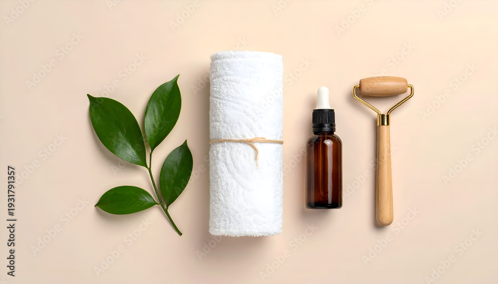 Obraz premium Spa essentials with white rolled towel.