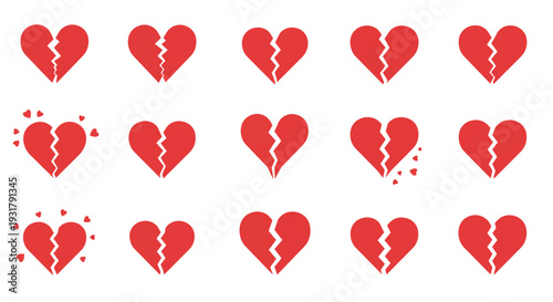 Collection of Red Broken Heart Icons Representing Love Loss And Heartbreak