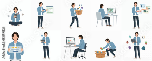 Flat Style Illustration of a Casual Man Engaging with Various Digital Devices