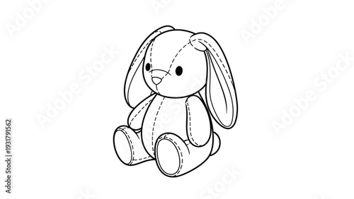 Adorable black and white outline drawing of a cuddly stuffed bunny toy, perfect for children's coloring activities and crafts.
