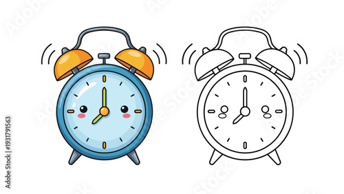 Adorable cartoon alarm clock with a cute smiling face, cheerfully ringing, presented in both color and black and white outline.