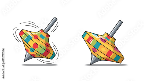 Dynamic illustration showcasing two colorful spinning tops, one actively twirling and the other at rest, illustrating motion.