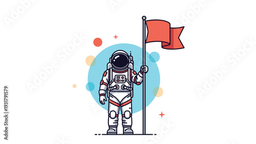 Brave astronaut standing proudly on a cosmic landscape, planting a vibrant red flag amidst abstract space elements and stars.