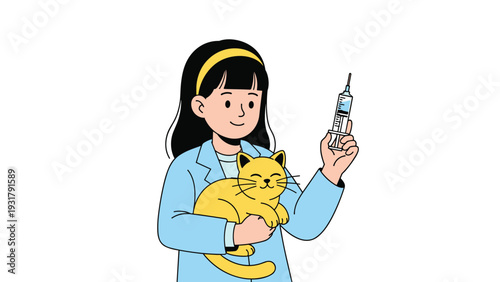 Caring illustration of a friendly girl veterinarian gently holding a yellow cat, preparing a syringe for vaccination.