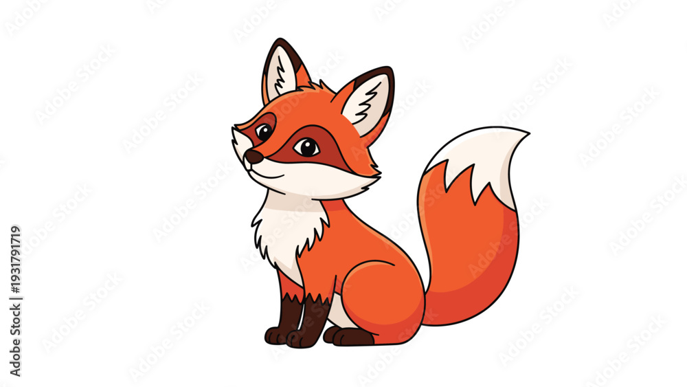 Obraz premium Adorable cartoon fox with a bushy tail and a friendly smile, sitting gracefully, perfect for animal-themed projects, children's books, and wildlife illustrations.