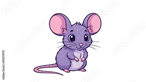 Adorable cartoon purple mouse with large ears and friendly eyes, sitting cutely and looking towards the viewer.