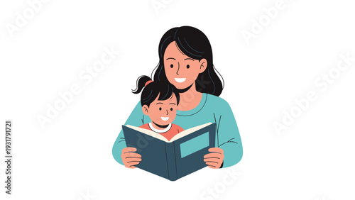 Loving mother and happy daughter reading a book together, sharing a precious moment, emphasizing family bonding, education, and childhood learning.