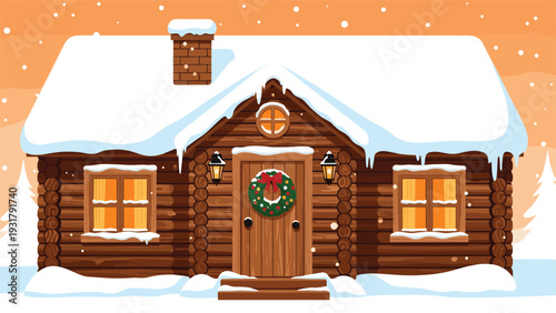 Charming wooden cabin adorned with a festive Christmas wreath, nestled in a serene snowy winter landscape, evoking warmth and holiday spirit.