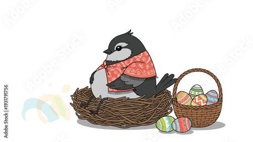Adorable bird sitting in a cozy nest with colorful Easter eggs, a wicker basket of eggs beside it, perfect for springtime and holiday themes.