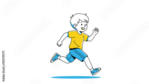 Energetic cartoon boy with a joyful expression, wearing a yellow shirt and blue shorts, running with enthusiasm, perfect for active lifestyle and sports themes.