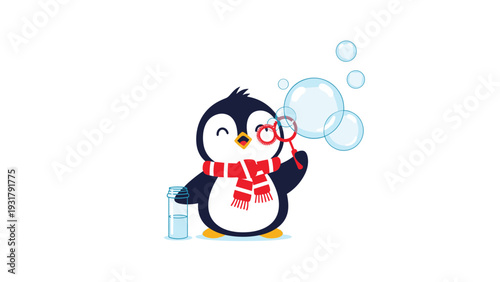 Adorable cartoon penguin wearing a cozy red scarf, happily blowing iridescent bubbles, an endearing illustration for children's entertainment and winter designs.