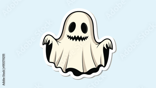 Playful ghost sticker with a spooky, toothy smile and open arms, perfect for Halloween decorations, children's crafts, and fun, ghostly designs.